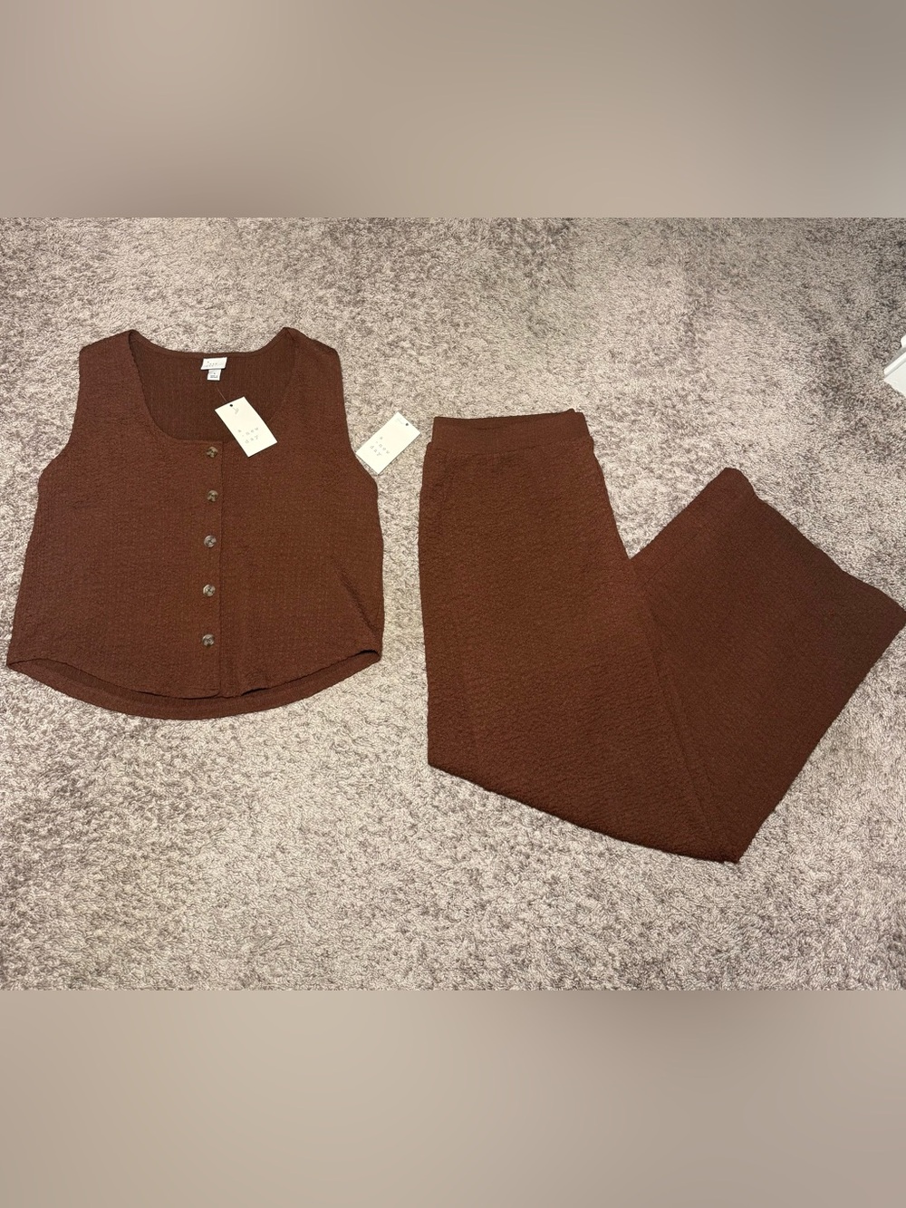 NWT A New Day Women's Crinkle Dark Brown & Matching Wide Leg Pants Size L/XL